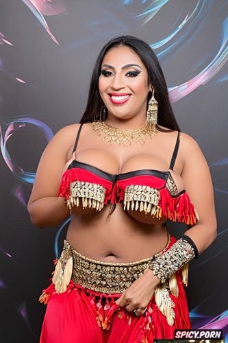 smiling, traditional two piece belly dance costume, huge natural boobs