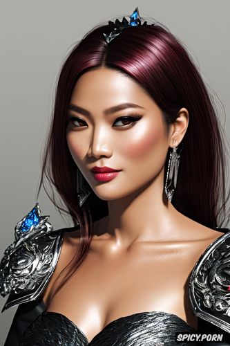 asian skin, high cheekbones, wearing black scale armor, tiara