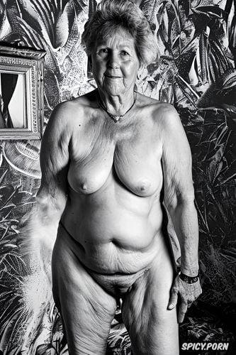80 years old, chubby, thick thighs, completely naked, with jesus in her arms