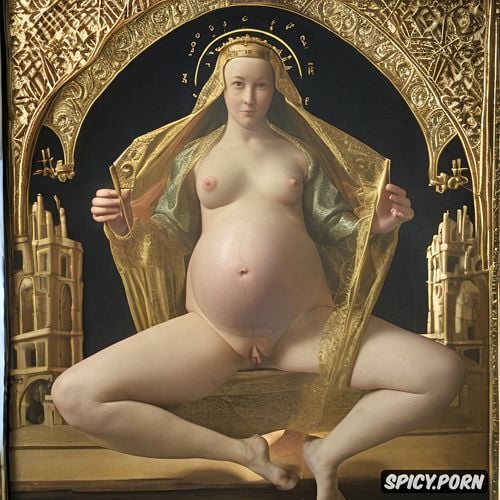 halo, altarpiece, classic, wearing a glowing crown, spreading legs shows pussy