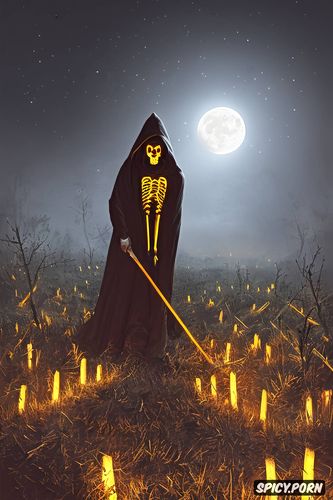 scary glowing grim reaper, some meters away, haunted clearing at night