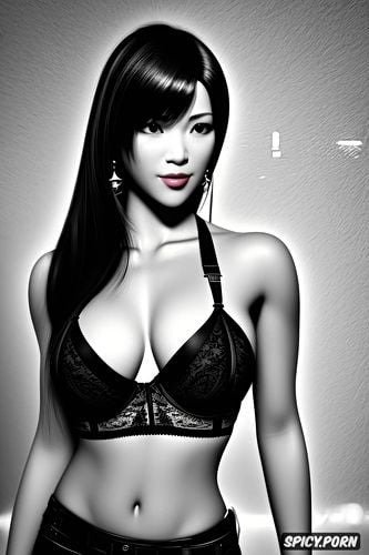 no makeup, ultra realistic, tifa lockhart, portrait, erotic low cut black lace lingerie