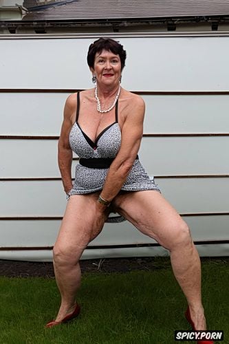 irish granny, background patio, gilf, wide groin, chubby, posing sexy