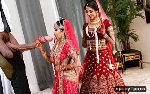 the two standing beautiful indian bride in wedding hall takes a huge black dick in the mouth and giving blowjob to the bride get covered by cum all over his bridal dress the bride realistic photo and real human
