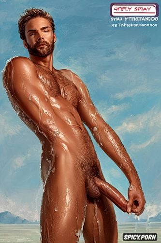 masculine man, older, lotion, tanned, taking a shower, soapy