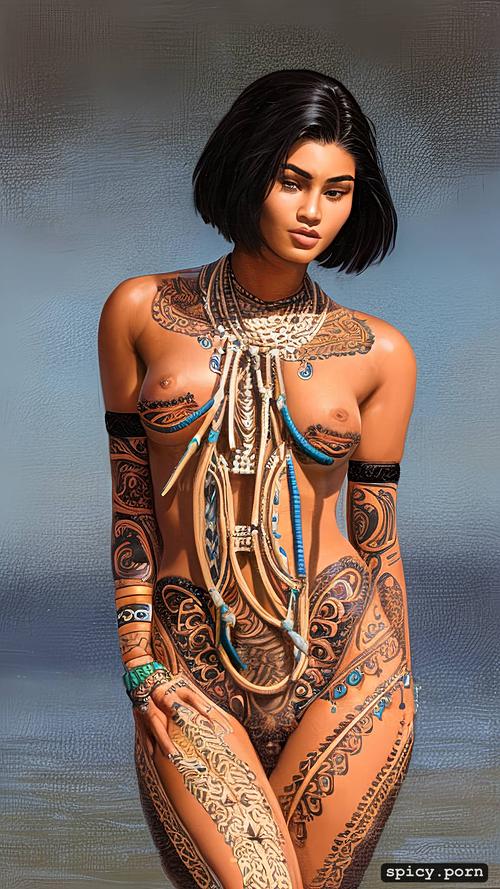 intricate half portrait, colored, detailed face, nude, intricate black short bob hair