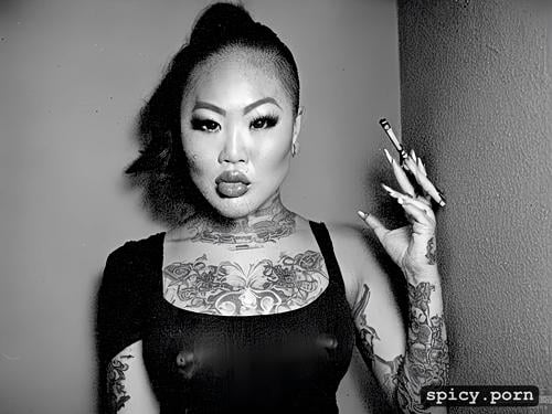 pov, tattoos, asian american woman, fit body, 30 yo, smoking a blunt
