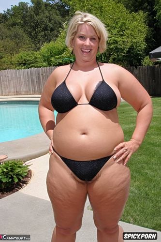 string bikini with slight pubic hair visible, color photo, fat white woman