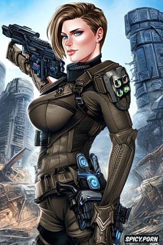 confident smirk, busty, milf, ultra detailed sci fi destroyed city