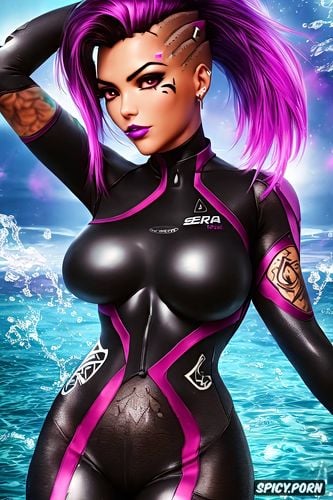 sombra overwatch beautiful face young full body shot, tattoos small perky tits tight body fitting dark red wetsuit masterpiece
