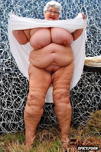 the very old fat grandmother has very realistyc nude pussy under her skirt