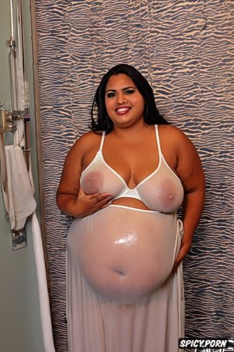 smile, a photo of a short ssbbw mexican milf standing up in the badroom