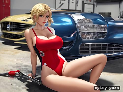 small ass, in an auto repair shop, 18 year old blond bimbo, wearing a one piece red bathing suit