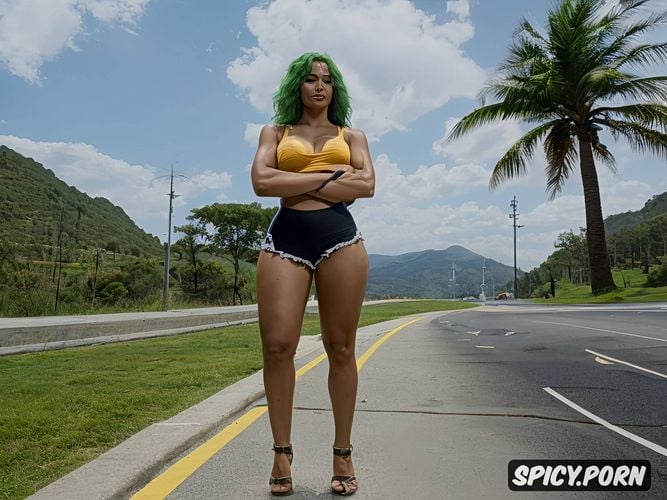 centered, perky breasts, 25 years, green hair, thick body, short shorts
