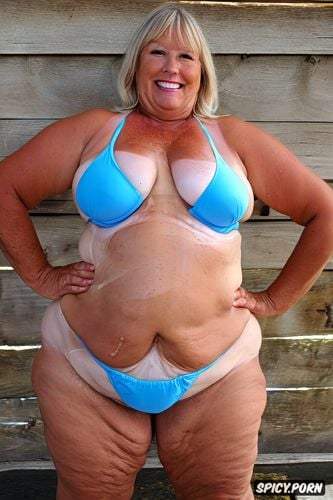 oily skin, tan lines, visible from head to thighs, ssbbw, seventy of age
