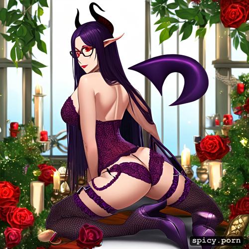glasses, purple lingerie, dark red skin, high fantasy, high detail