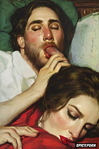 real natural colors ultra detailed expressive faces drunk husband gives blowjob to tired wife sleeping with mouth wide open