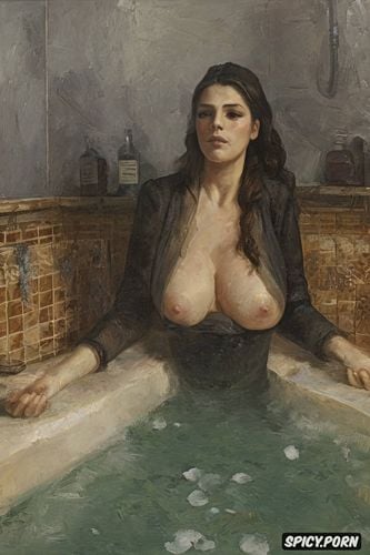 dark ominous atmosphere, women in humid bathroom with fingertip nipple touching breasts tiled bathing