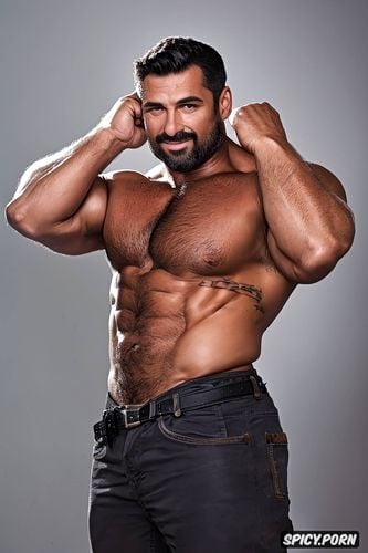 smile, abs exposed, hairy facial, big legs, rustic style, big arms