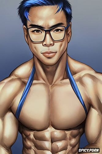 cute face, 25 years, solid colors, glasses, big pecs, athletic body
