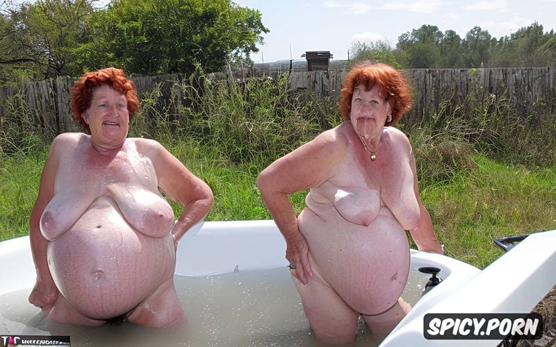 in filthy piss filled bathtub, naked obese bbw granny, short red hair