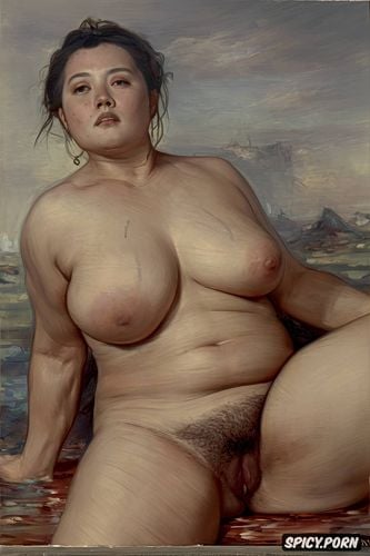 erection penis, fog, muscular fat belly, eyes closed, big tits