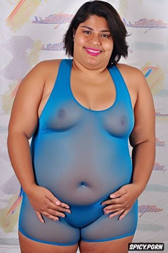 thick thighs, ssbbw hispanic woman in a blue bodysuit, standing up