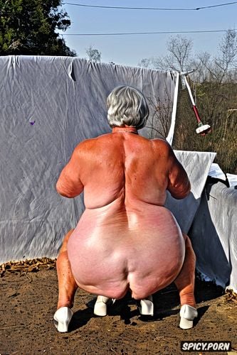 rear view, squatting, white granny, pastel colors, naked, hyperrealistic pregnant pissing muscular thighs red bobcut haircut tanned