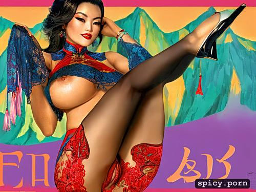 detailed pussy, vintage chinese advertising poster vivid colours