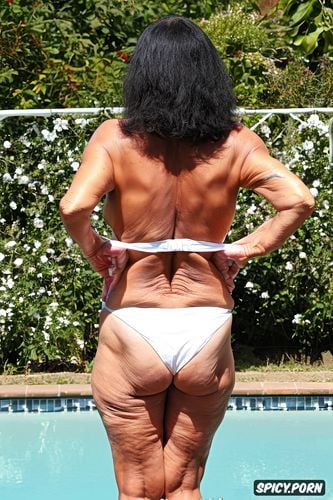 backside shot, cleevage, caucasian, 80 years old, stage, voluptuos forms