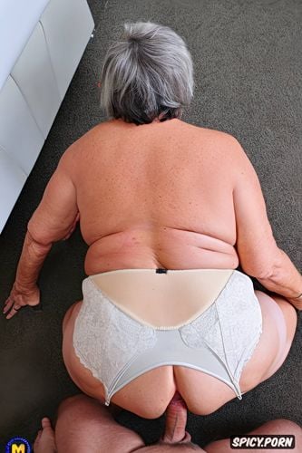 short gray hair, first person pov, pale skin, very fat grandmother