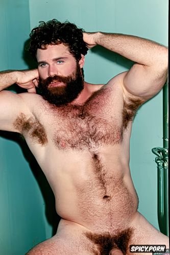 solo chubby very hairy gay man with a big dick showing full body and perfect face beard showing hairy armpits indoors beefy body dark brown hair sitting