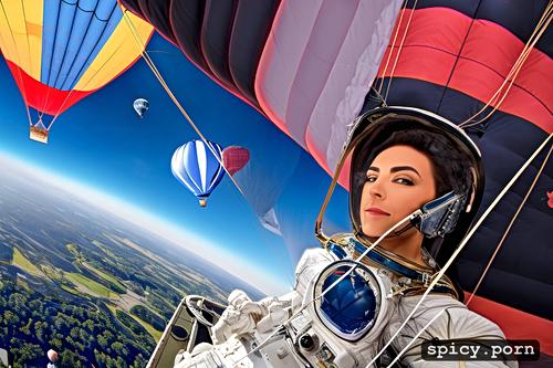 8k, solid colors, realistic, astronaut on hot air balloon, floating to space