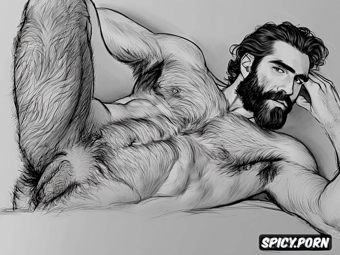 big scrotum, rough artistic nude sketch of bearded hairy man