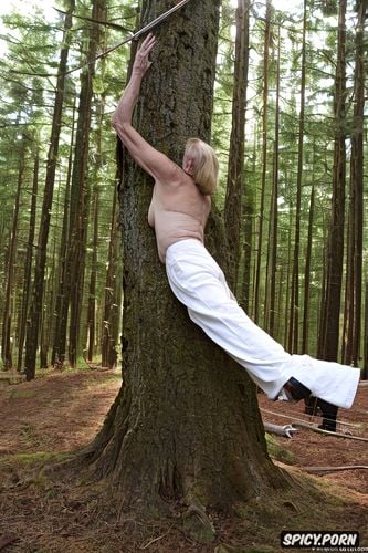 heavy detailed, granny, trousers pulled down, perfect face, in the forrest