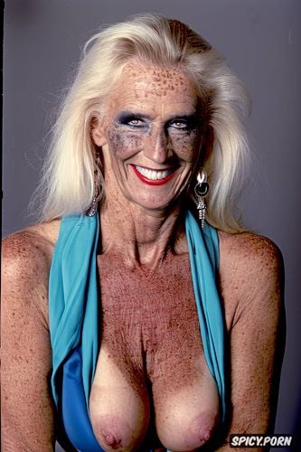 smiling, old witch, thin eyebrows, platinum blonde, colored