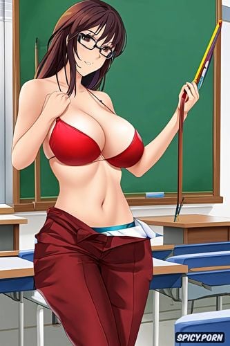 in bikini, glasses, teaching in classroom, anime teacher, big tits