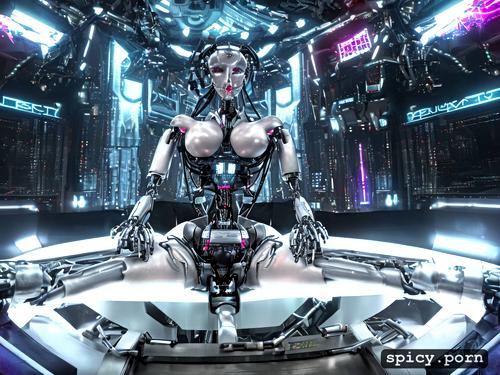 lust goddess riding the big metal penis of a fuck robot, sexy curvy cyber elf being enslaved by robots