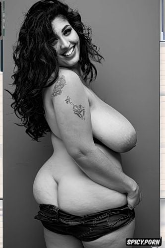 middle eastern, extremely large breasts, laughing, half view
