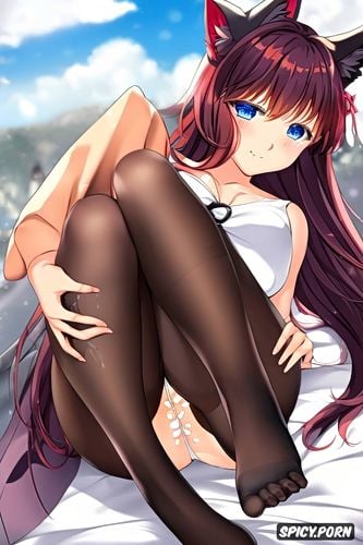 cum on feet wide open legs, pantyhose tights, catgirl, skirt