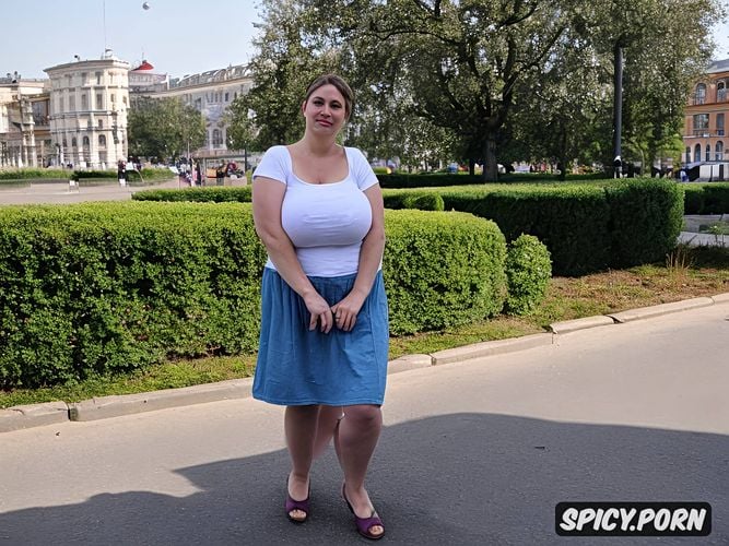 standing straight in east european big city streets, fat cute very stupid east european female 50 years old fat face