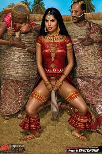 incredibly realistically detailed, high quality photography full body shot of a subjugated sentenced fun sized petite gujarati bhabhi farmworker is subdued and forced to open her tight vagina to the panchayat