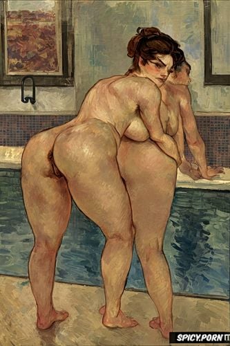 rembrandt, ass grab, cézanne, hairy vagina, women in humid bathroom with fingertip nipple touching breasts tiled bathing intimate tender lips fat body
