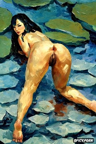 looking over her shoulder, like a dog, cézanne painting, small breasts