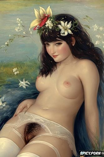 with a white flowers around her head and hairs, impressionist painting