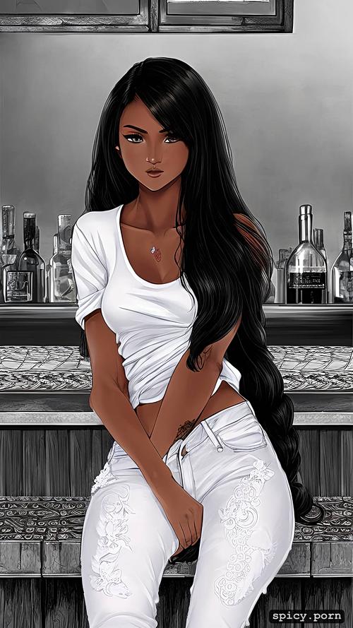 detailed face, thai teen sitting in bar, dark skin, shy, intricate long hair