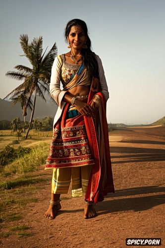 an innocent young indian villager female brought to america standing at the front door in western clothes