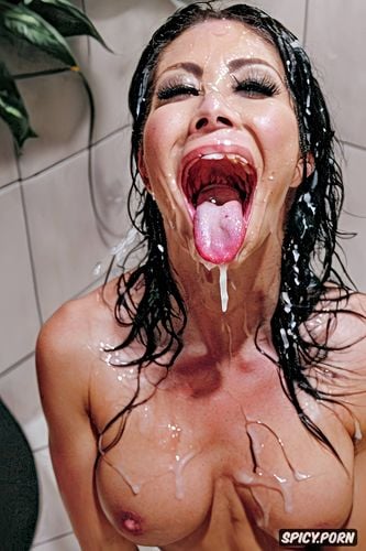 tongue out, gothic woman, squirt fountain orgasm facial cum sprayed