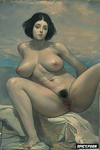 very small boobs, french realism masterpiece painting, laying on back