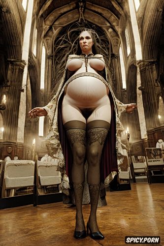 full body face, in church, pregnant, thick legs, ultradetailed